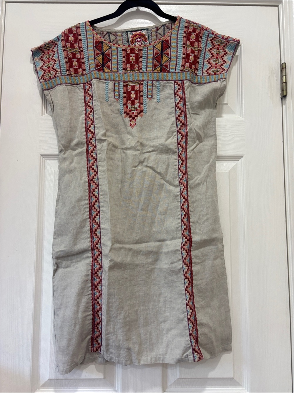 Johnny Was Grey/Beige Linen Dress with Red and Blue Embroidery
